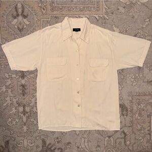 100% Silk Cream Button Down Shirt Pockets Oversized